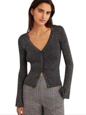 Boden ribbed knit black and silver metallic slim fit sweater with flared sleeves